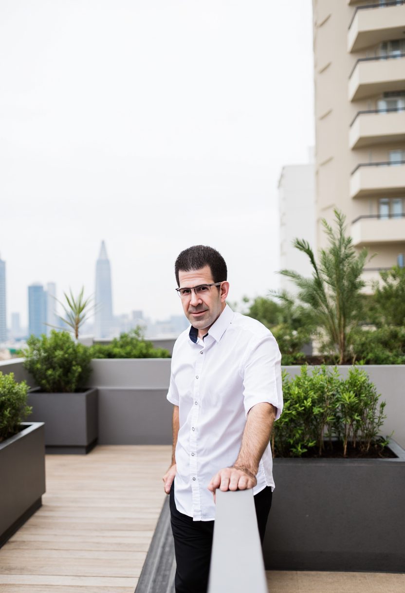 Ron Spinabella on a rooftop terrace overlooking the city skyline