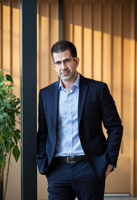 Ron Spinabella beside a sunlit wooden wall in an office lobby
