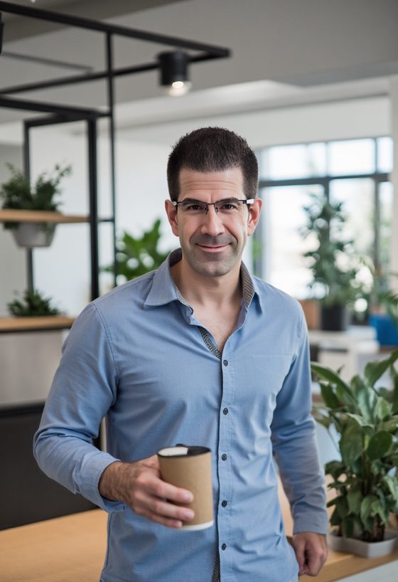 Ron Spinabella holding a coffee cup in a plant-filled studio office