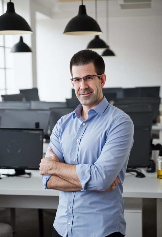 Ron Spinabella standing in an open-plan office with workstations behind him